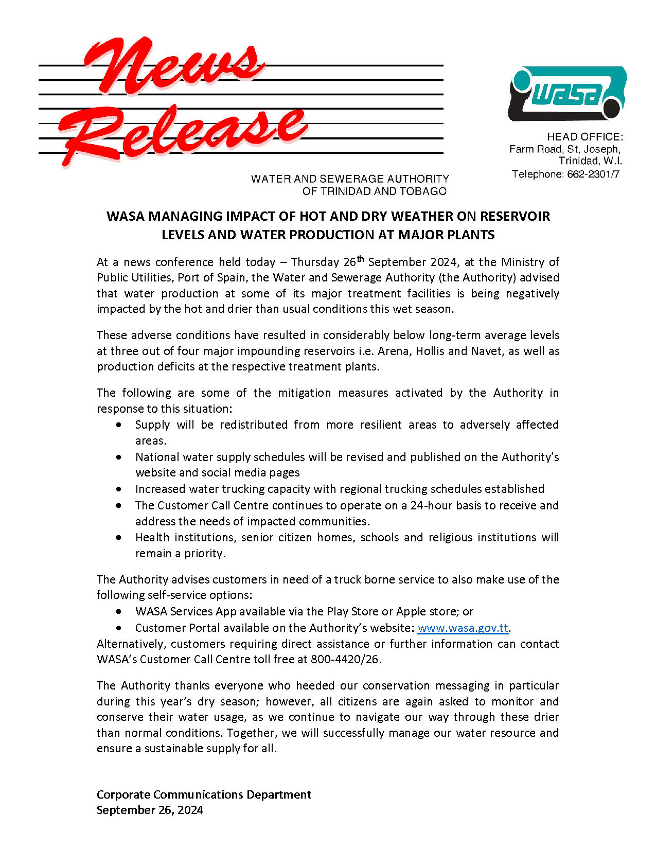 Media Release - WASA Managing Impact of hot and dry Wet Season